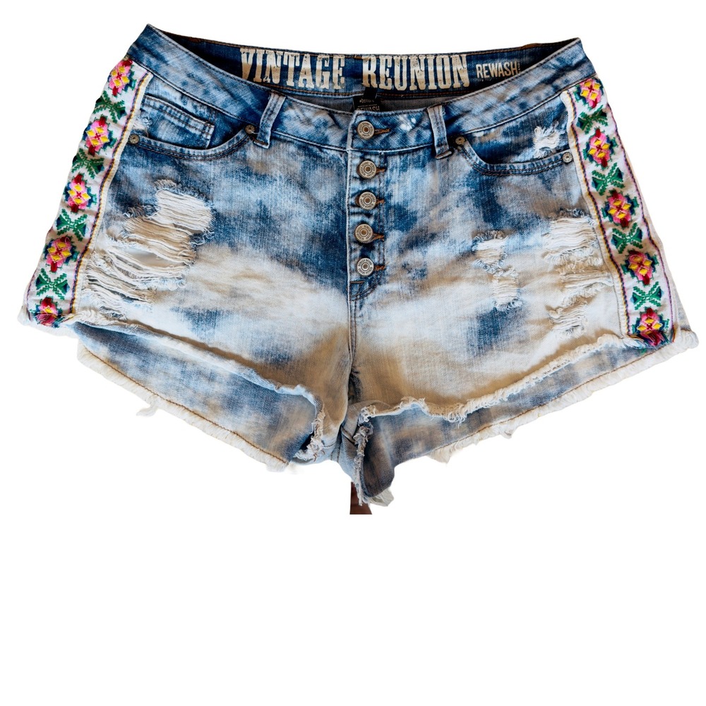 Vintage Reunion Rewash Distressed Denim Shorts Size 13/14 Rare Y2K Cutoff Casual